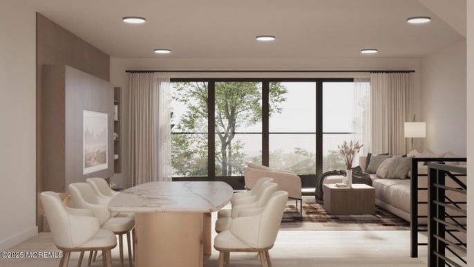 Dining room, Interior, Recessed Lighting, Wood Texture Flooring